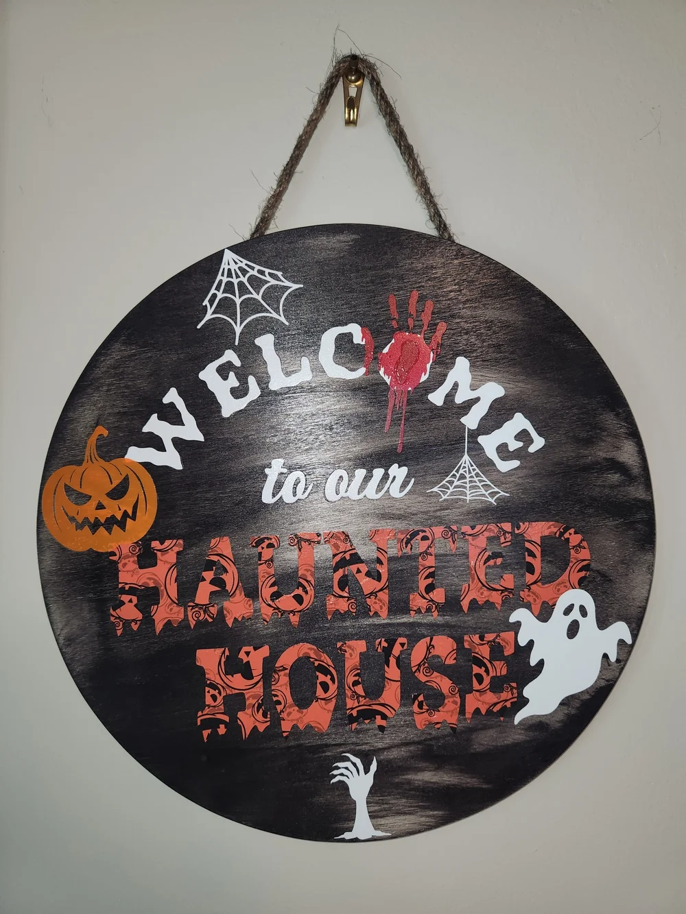 Haunted House Round Wall Sign - Black & Orange Halloween Decor